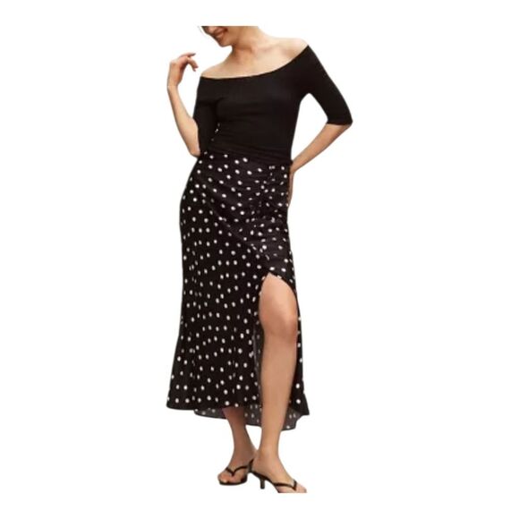 Anthropologie Maeve Mel Black White Polka Dot Midi Skirt Ruched Side-Slit - Picture 1 of 13